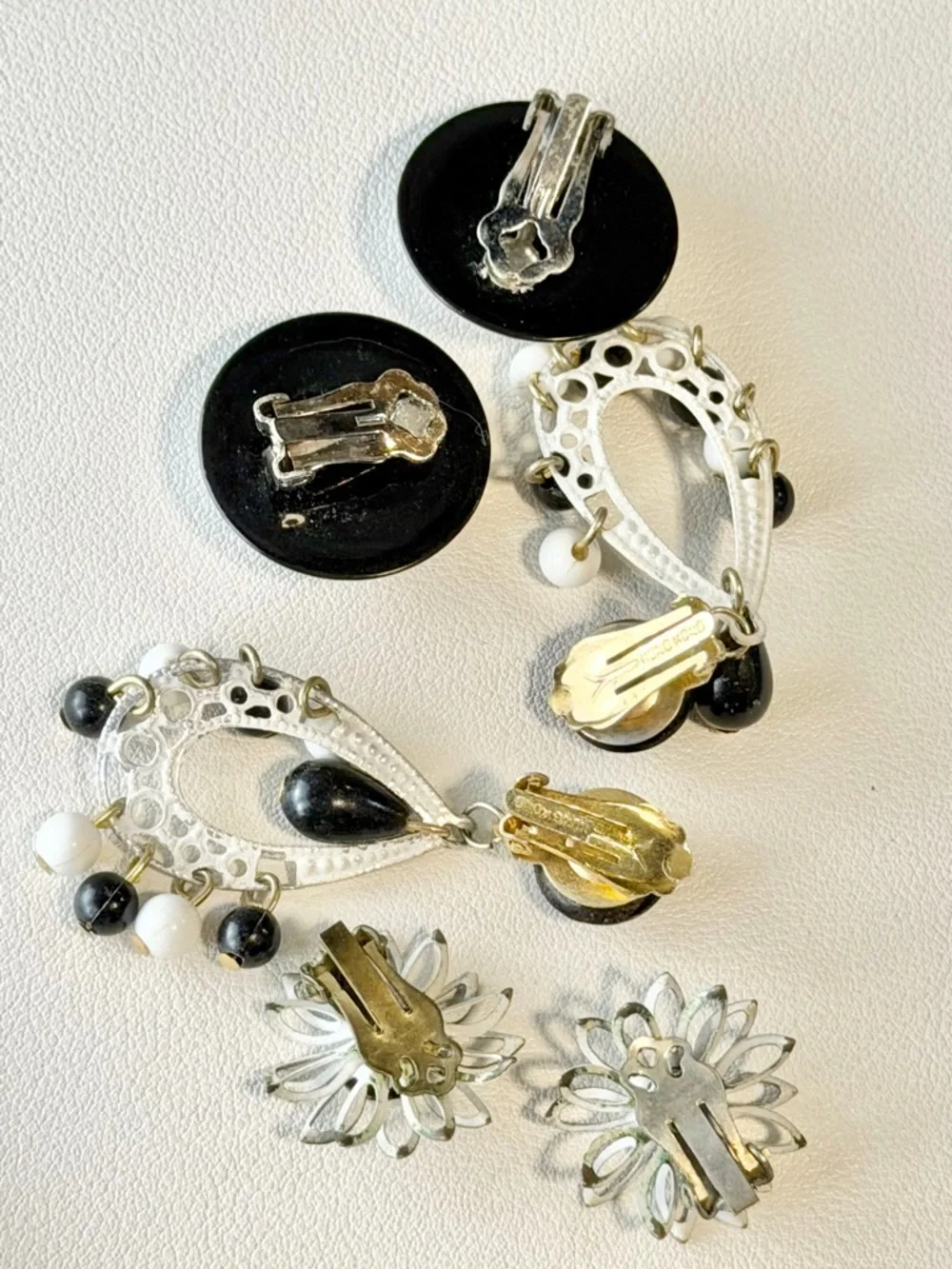 VINTAGE MCM tuxedo glam earring trio set estate jewelry clip enamel dangle bead